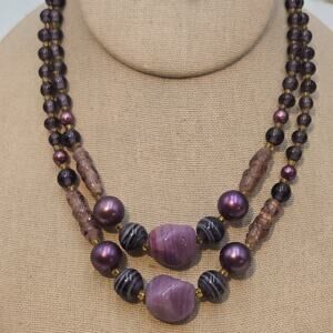 Vintage 1950s Japan Unusual Moulded Art Glass Purple 2 Strand Necklace 16"